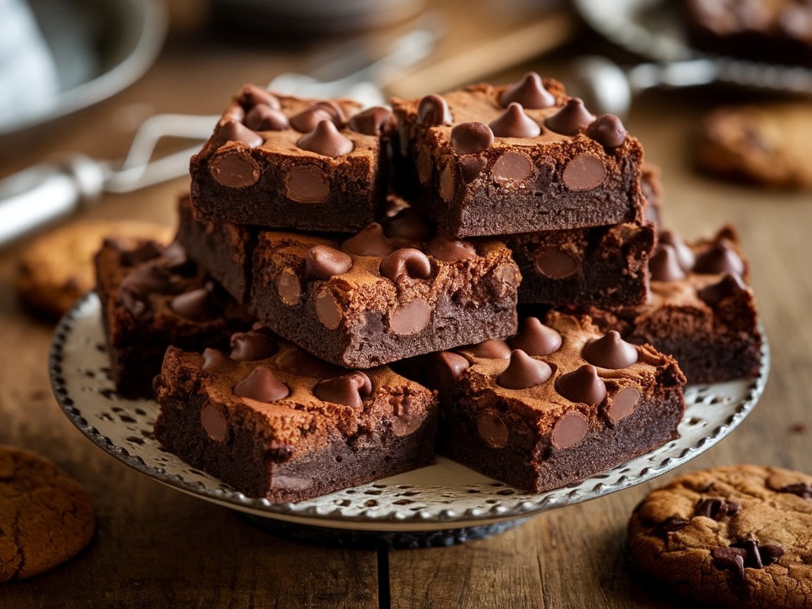 Ultimate Fudgy Chewy Brownies and Cookies Recipe A platter of fudgy chewy browkies with melted chocolate chips on a rustic table.