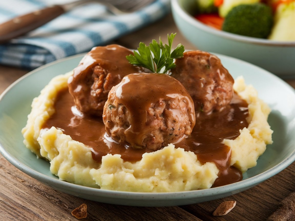 Savory Slow Cooker Salisbury Steak Meatballs Slow Cooker Salisbury Steak Meatballs on mashed potatoes with gravy and parsley on a rustic table.