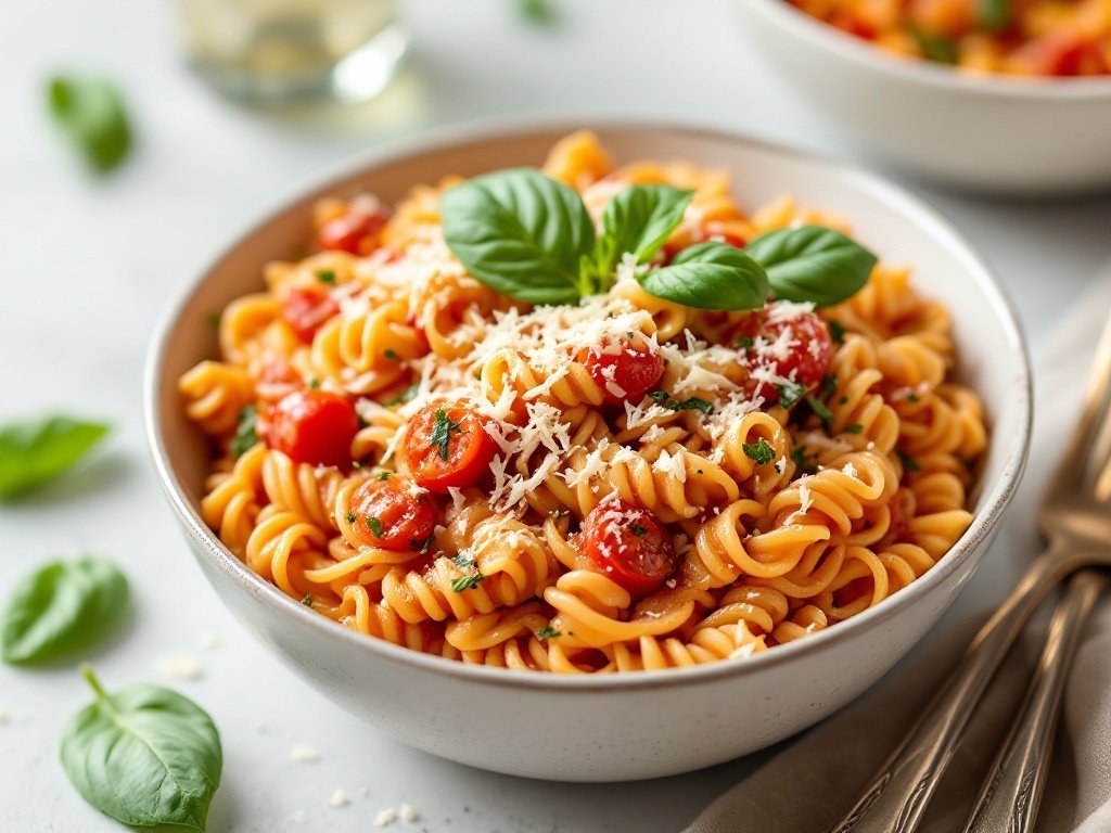A bowl of creamy tomato basil pasta topped with fresh basil and grated cheese.
