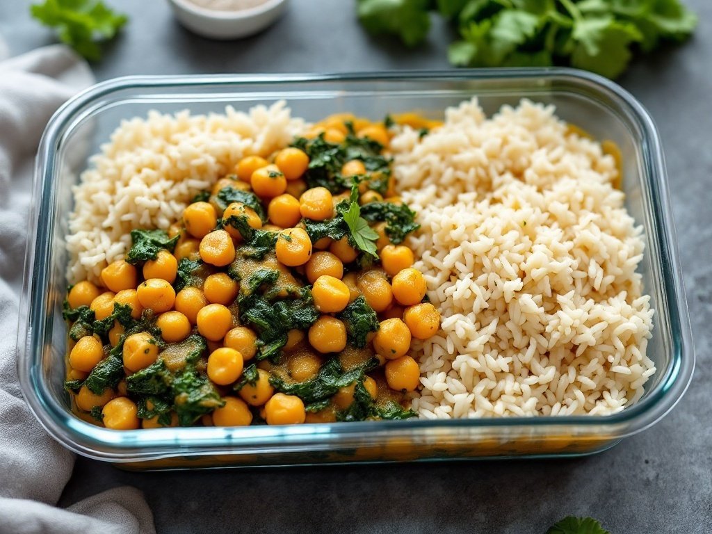 A container of curry chickpeas with spinach and rice