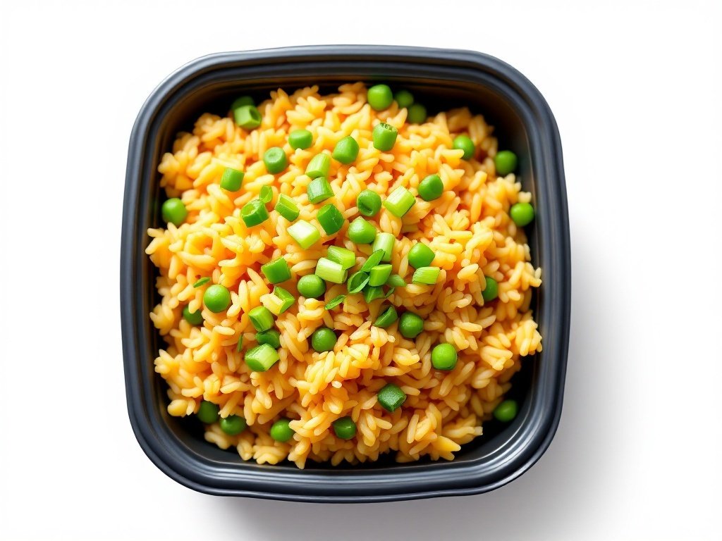A bowl of egg fried rice with peas, garnished with green onions.