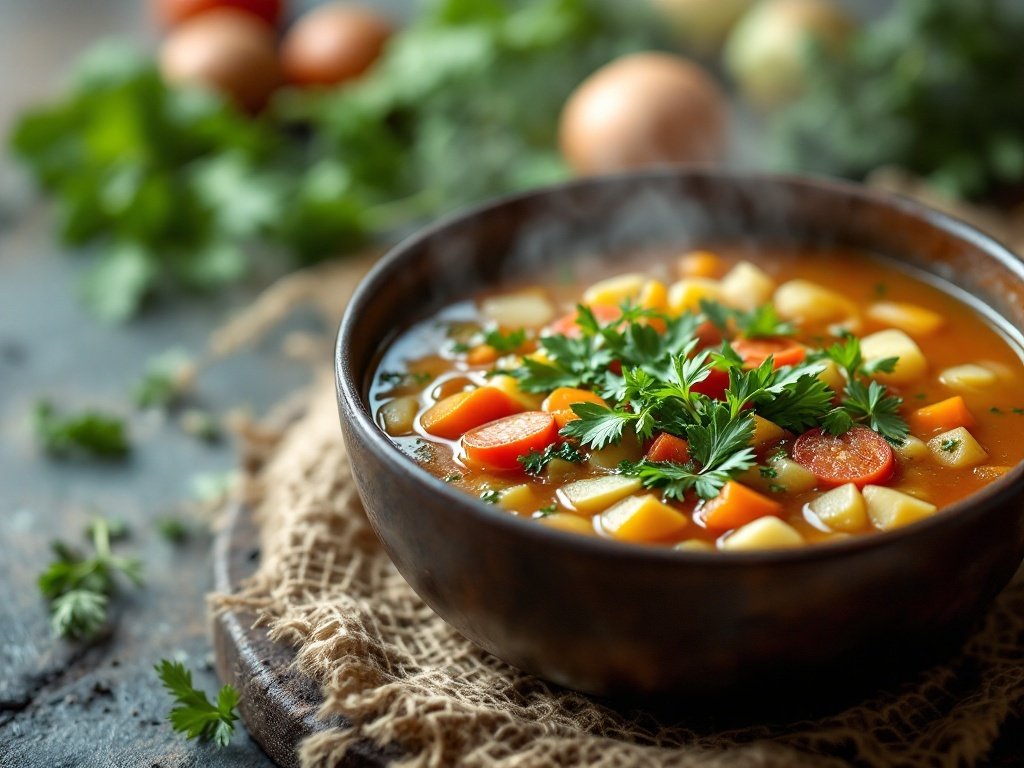 Hearty Vegetable Soup with fresh herbs and colorful vegetables in a bowl