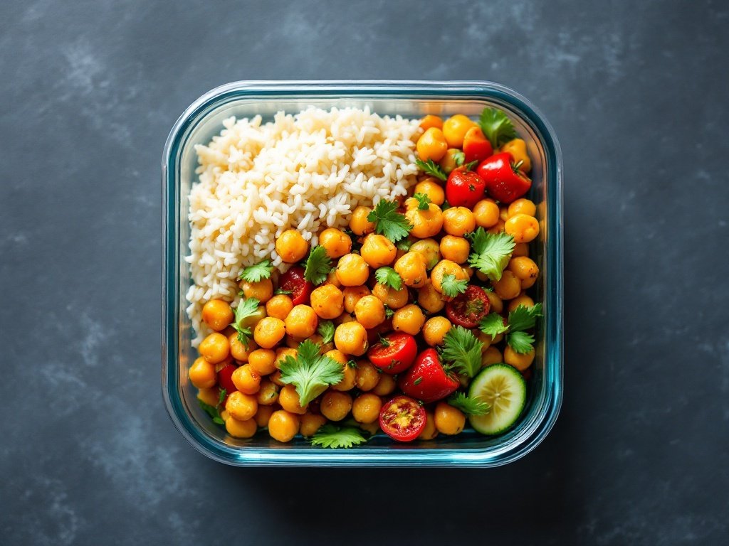 A colorful bowl of chickpea stir-fry with rice and vegetables.
