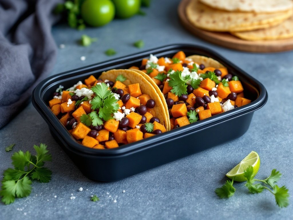 Sweet potato and black bean tacos with fresh cilantro and lime wedges.