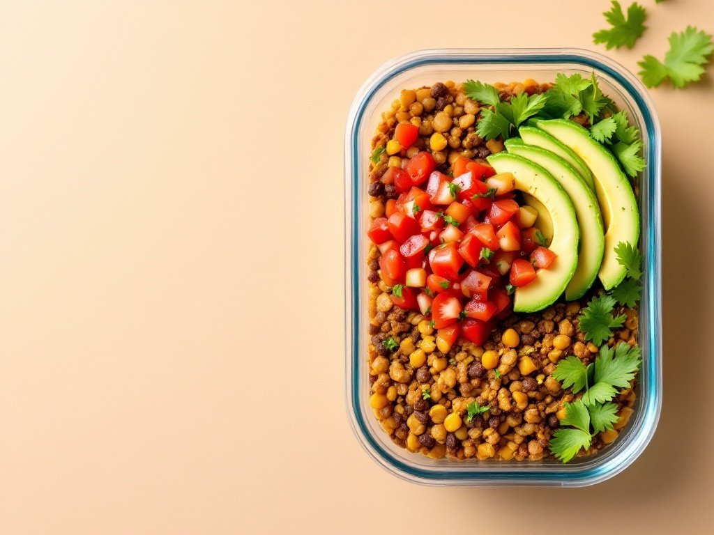 A healthy taco lentil bowl with lentils, corn, diced tomatoes, avocado, and cilantro.