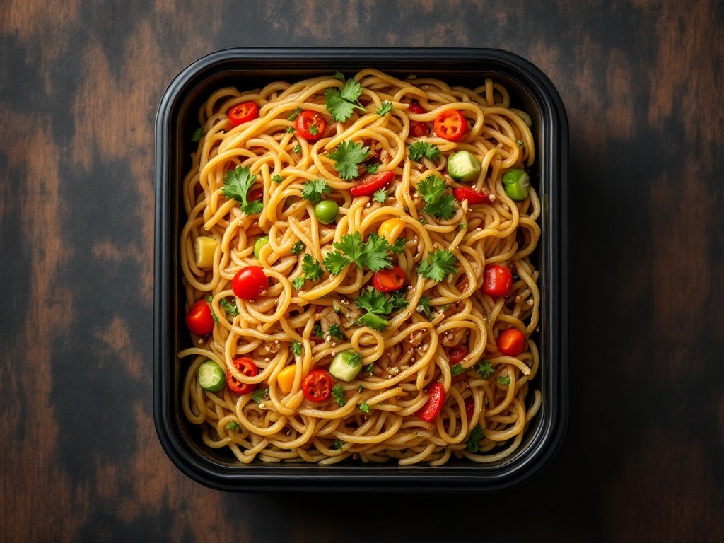 A container of vegetable stir-fried noodles with colorful vegetables.