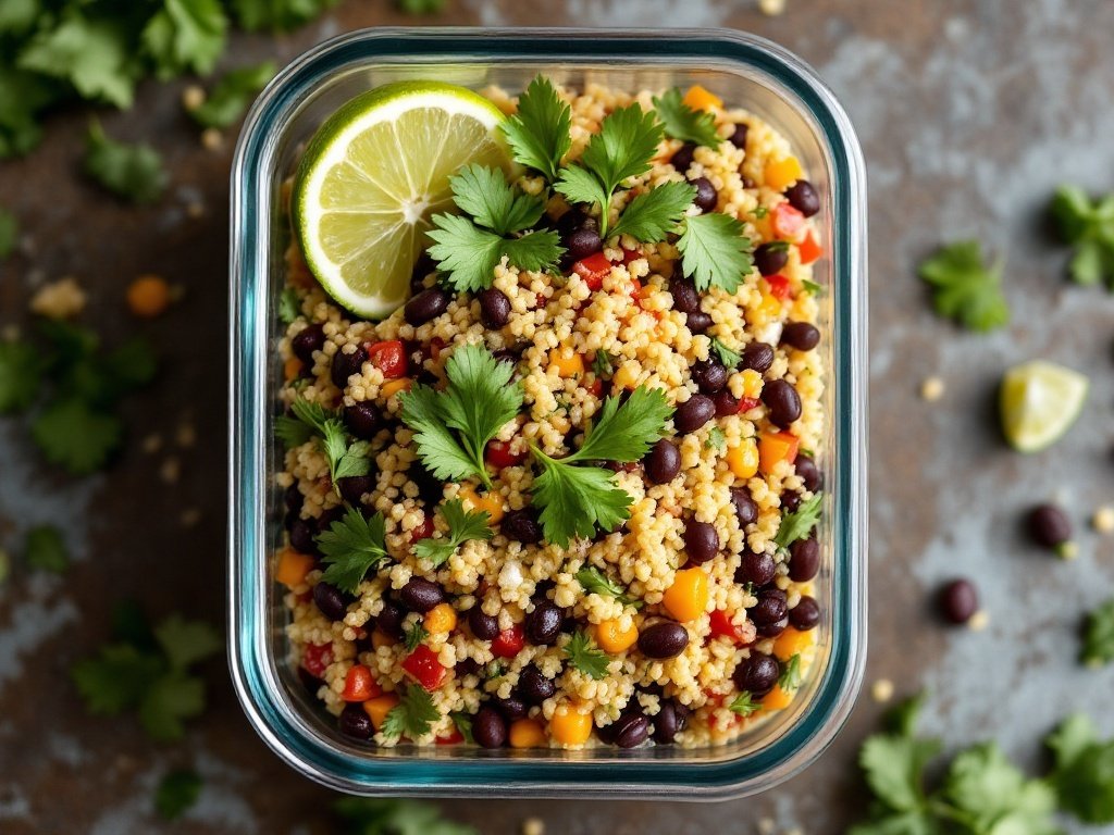 Zesty Quinoa and Black Bean Salad in a glass container with lime and cilantro.