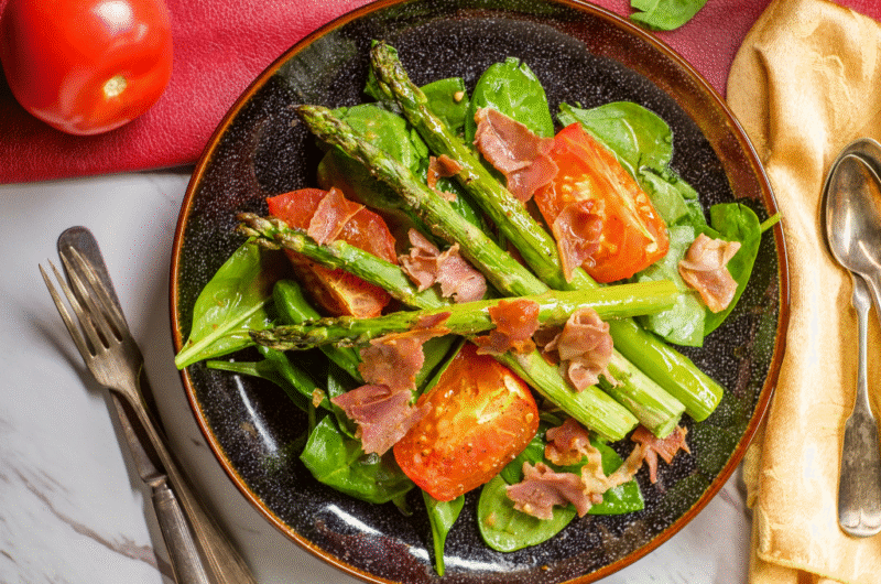 Air Fryer Asparagus and Tomatoes with Balsamic Drizzle